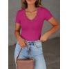 imageWomen Short Sleeve Lace V Neck Shirts Ribbed Knit Fitted Basic Tee Tops Business Dressy Casual Summer Blouses TShirtRose Pink