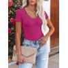 imageWomen Short Sleeve Lace V Neck Shirts Ribbed Knit Fitted Basic Tee Tops Business Dressy Casual Summer Blouses TShirtRose Pink