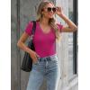 imageWomen Short Sleeve Lace V Neck Shirts Ribbed Knit Fitted Basic Tee Tops Business Dressy Casual Summer Blouses TShirtRose Pink
