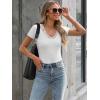 imageWomen Short Sleeve Lace V Neck Shirts Ribbed Knit Fitted Basic Tee Tops Business Dressy Casual Summer Blouses TShirtWhite