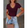 imageWomen Short Sleeve Lace V Neck Shirts Ribbed Knit Fitted Basic Tee Tops Business Dressy Casual Summer Blouses TShirtWine Red