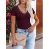 imageWomen Short Sleeve Lace V Neck Shirts Ribbed Knit Fitted Basic Tee Tops Business Dressy Casual Summer Blouses TShirtWine Red