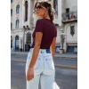 imageWomen Short Sleeve Lace V Neck Shirts Ribbed Knit Fitted Basic Tee Tops Business Dressy Casual Summer Blouses TShirtWine Red