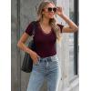 imageWomen Short Sleeve Lace V Neck Shirts Ribbed Knit Fitted Basic Tee Tops Business Dressy Casual Summer Blouses TShirtWine Red
