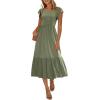 imageWomen Summer Dresses 2025 Trendy Ruffle Sleeve V Neck Tiered Flowy A Line Casual Loose Beach Midi Dress with PocketArmy Green