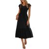 imageWomen Summer Dresses 2025 Trendy Ruffle Sleeve V Neck Tiered Flowy A Line Casual Loose Beach Midi Dress with PocketBlack