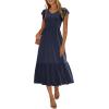 imageWomen Summer Dresses 2025 Trendy Ruffle Sleeve V Neck Tiered Flowy A Line Casual Loose Beach Midi Dress with PocketNavy Blue