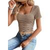 imageWomen Summer Short Sleeve Shirts Ruched Tops Sexy Square Neck Blouses Going Out Knit T Shirt Basic TeesBrown