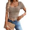 imageWomen Summer Short Sleeve Shirts Ruched Tops Sexy Square Neck Blouses Going Out Knit T Shirt Basic TeesBrown
