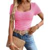 imageWomen Summer Short Sleeve Shirts Ruched Tops Sexy Square Neck Blouses Going Out Knit T Shirt Basic TeesHot Pink