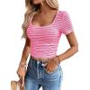 imageWomen Summer Short Sleeve Shirts Ruched Tops Sexy Square Neck Blouses Going Out Knit T Shirt Basic TeesHot Pink