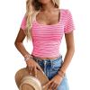 imageWomen Summer Short Sleeve Shirts Ruched Tops Sexy Square Neck Blouses Going Out Knit T Shirt Basic TeesHot Pink