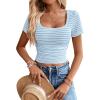 imageWomen Summer Short Sleeve Shirts Ruched Tops Sexy Square Neck Blouses Going Out Knit T Shirt Basic TeesLight Blue