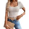 imageWomen Summer Short Sleeve Shirts Ruched Tops Sexy Square Neck Blouses Going Out Knit T Shirt Basic TeesLight Khaki