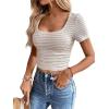 imageWomen Summer Short Sleeve Shirts Ruched Tops Sexy Square Neck Blouses Going Out Knit T Shirt Basic TeesLight Khaki