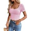 imageWomen Summer Short Sleeve Shirts Ruched Tops Sexy Square Neck Blouses Going Out Knit T Shirt Basic TeesPink
