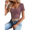 imageWomen Summer Short Sleeve Shirts Ruched Tops Sexy Square Neck Blouses Going Out Knit T Shirt Basic TeesRed