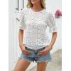 imageWomens Eyelet Tops Puff Short Sleeve Blouses Dressy Casual Cute Hollow Out Crochet Lace Embroidered Summer ShirtsWhite Lace