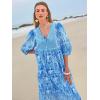 imageWomens Floral Boho Maxi Dress 2025 Summer V Neck Puff Sleeve Casual Loose Flowy Long Beach DressesBlue