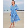 imageWomens Floral Boho Maxi Dress 2025 Summer V Neck Puff Sleeve Casual Loose Flowy Long Beach DressesBlue