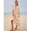 imageWomens Floral Boho Maxi Dress 2025 Summer V Neck Puff Sleeve Casual Loose Flowy Long Beach DressesWhite