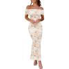 imageWomens Mesh Floral Maxi Dress 2025 Summer Off The Shoulder Ruched Bodycon Long Cocktail Party Fitted DressesBeige