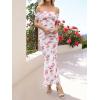 imageWomens Mesh Floral Maxi Dress 2025 Summer Off The Shoulder Ruched Bodycon Long Cocktail Party Fitted DressesBeige Floral