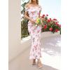 imageWomens Mesh Floral Maxi Dress 2025 Summer Off The Shoulder Ruched Bodycon Long Cocktail Party Fitted DressesBeige Floral