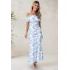 imageWomens Mesh Floral Maxi Dress 2025 Summer Off The Shoulder Ruched Bodycon Long Cocktail Party Fitted DressesBlue