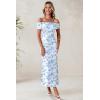 imageWomens Mesh Floral Maxi Dress 2025 Summer Off The Shoulder Ruched Bodycon Long Cocktail Party Fitted DressesBlue