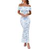 imageWomens Mesh Floral Maxi Dress 2025 Summer Off The Shoulder Ruched Bodycon Long Cocktail Party Fitted DressesBlue