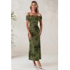 imageWomens Mesh Floral Maxi Dress 2025 Summer Off The Shoulder Ruched Bodycon Long Cocktail Party Fitted DressesGreen