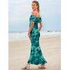 imageWomens Mesh Floral Maxi Dress 2025 Summer Off The Shoulder Ruched Bodycon Long Cocktail Party Fitted DressesGreen Floral