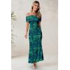 imageWomens Mesh Floral Maxi Dress 2025 Summer Off The Shoulder Ruched Bodycon Long Cocktail Party Fitted DressesLake Blue
