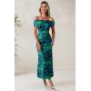 imageWomens Mesh Floral Maxi Dress 2025 Summer Off The Shoulder Ruched Bodycon Long Cocktail Party Fitted DressesLake Blue