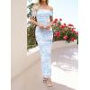 imageWomens Mesh Floral Maxi Dress 2025 Summer Off The Shoulder Ruched Bodycon Long Cocktail Party Fitted DressesLight Blue