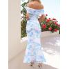 imageWomens Mesh Floral Maxi Dress 2025 Summer Off The Shoulder Ruched Bodycon Long Cocktail Party Fitted DressesLight Blue