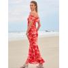 imageWomens Mesh Floral Maxi Dress 2025 Summer Off The Shoulder Ruched Bodycon Long Cocktail Party Fitted DressesRed