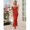 imageWomens Mesh Floral Maxi Dress 2025 Summer Off The Shoulder Ruched Bodycon Long Cocktail Party Fitted DressesRed Floral