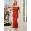 imageWomens Mesh Floral Maxi Dress 2025 Summer Off The Shoulder Ruched Bodycon Long Cocktail Party Fitted DressesRed Floral