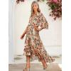 imageWomens Summer Floral Boho Dress 34 Sleeve Wrap V Neck Flowy Casual Loose Wedding Guest Long Maxi Ruffle DressesBeige