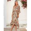 imageWomens Summer Floral Boho Dress 34 Sleeve Wrap V Neck Flowy Casual Loose Wedding Guest Long Maxi Ruffle DressesBeige
