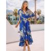 imageWomens Summer Floral Boho Dress 34 Sleeve Wrap V Neck Flowy Casual Loose Wedding Guest Long Maxi Ruffle DressesBlue