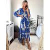 imageWomens Summer Floral Boho Dress 34 Sleeve Wrap V Neck Flowy Casual Loose Wedding Guest Long Maxi Ruffle DressesBlue