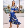 imageWomens Summer Floral Boho Dress 34 Sleeve Wrap V Neck Flowy Casual Loose Wedding Guest Long Maxi Ruffle DressesBlue