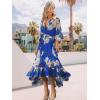 imageWomens Summer Floral Boho Dress 34 Sleeve Wrap V Neck Flowy Casual Loose Wedding Guest Long Maxi Ruffle DressesBlue