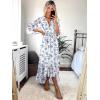imageWomens Summer Floral Boho Dress 34 Sleeve Wrap V Neck Flowy Casual Loose Wedding Guest Long Maxi Ruffle DressesLight Blue