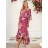 imageWomens Summer Floral Boho Dress 34 Sleeve Wrap V Neck Flowy Casual Loose Wedding Guest Long Maxi Ruffle DressesPurple