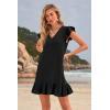 imageWomens Summer Mini Dress Flutter Sleeve V Neck Casual Loose Swimsuit Cover Up Flowy Ruffle Beach Vacation SundressesBlack