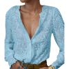 imageLace Tops for Women Dressy Casual Blouses Puff Long Sleeve V Neck Button Down Business Work ShirtsLight Blue